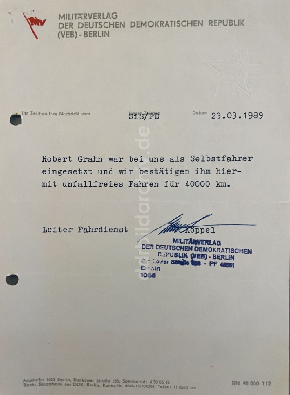 DDR-Fotoarchiv: Berlin - Bescheinigung für unfallfreies Fahren ausgestellt in Berlin, der ehemaligen Hauptstadt der DDR, Deutsche Demokratische Republik