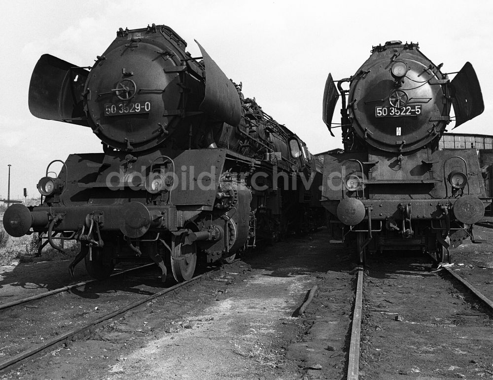 DDR-Fotoarchiv: Halberstadt - Dampflokomotive der Deutschen Reichsbahn der Baureihe 50 auf dem Abstellgleis des Bw in Halberstadt in Sachsen-Anhalt in der DDR