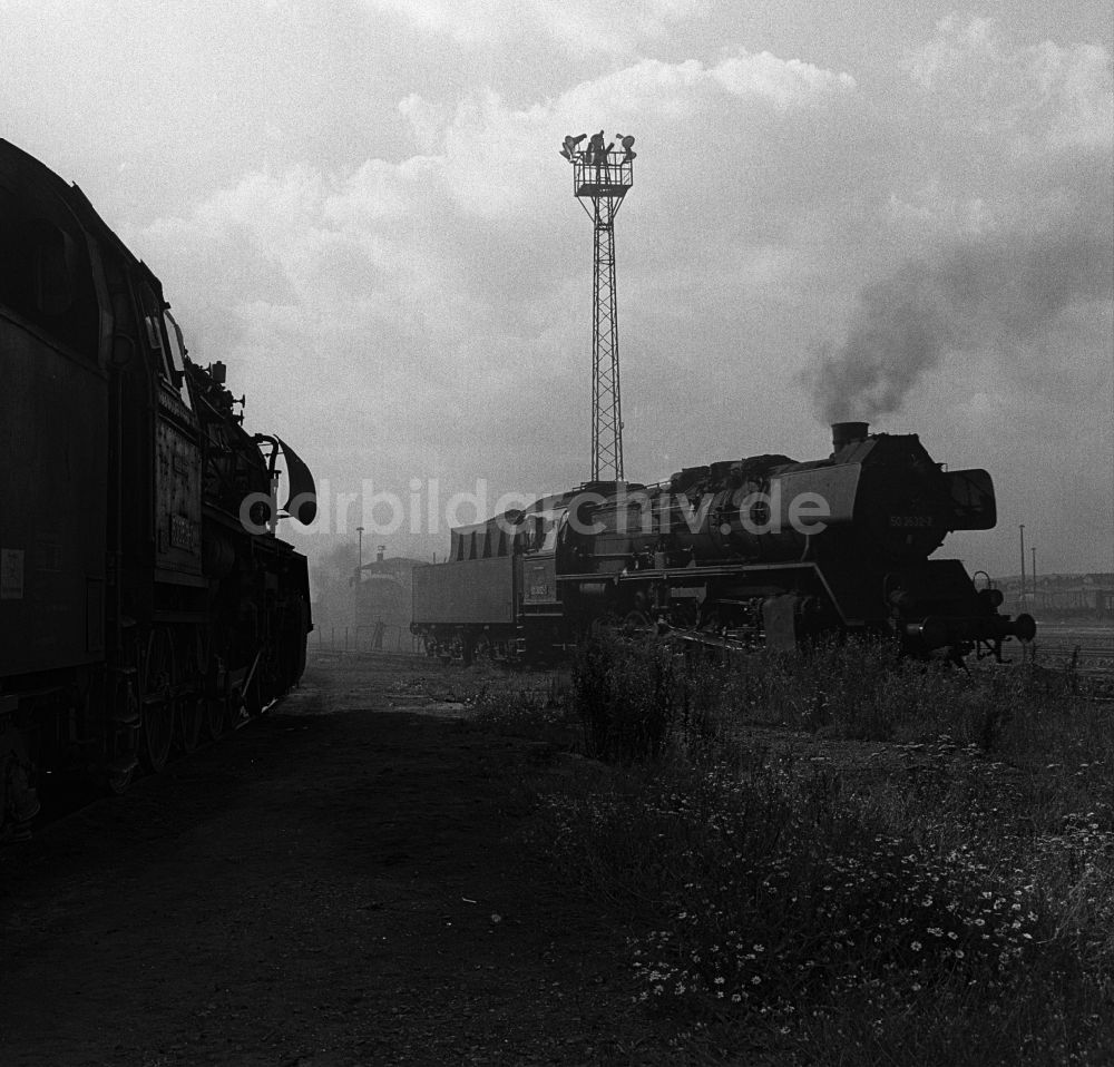 Halberstadt: Dampflokomotive der Deutschen Reichsbahn der Baureihe 50 auf dem Anschlußgleis des Bw in Halberstadt in Sachsen-Anhalt in der DDR