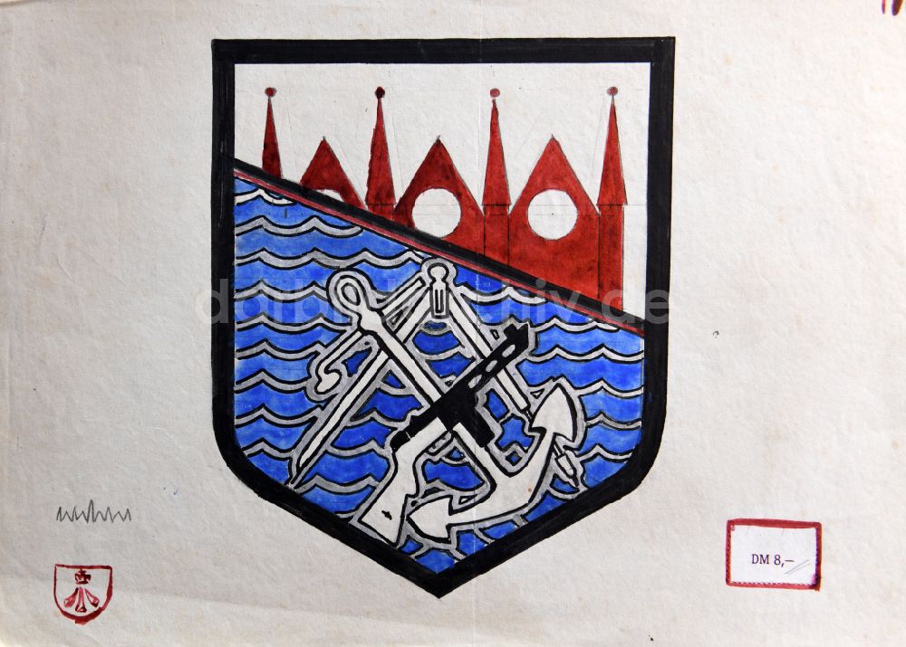 DDR-Fotoarchiv: Stralsund - Dienst- Wappen der Offiziersschule der Volksmarine Buntstiftzeichnung in Stralsund in Mecklenburg-Vorpommern in der DDR