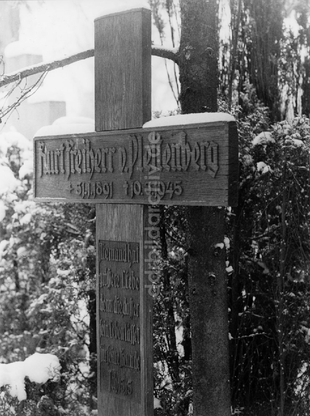 Potsdam: Eichenholz - Grabkreuz für Kurt Freiherr von Plettenberg auf dem Bornstedter Friedhof in Potsdam in der DDR