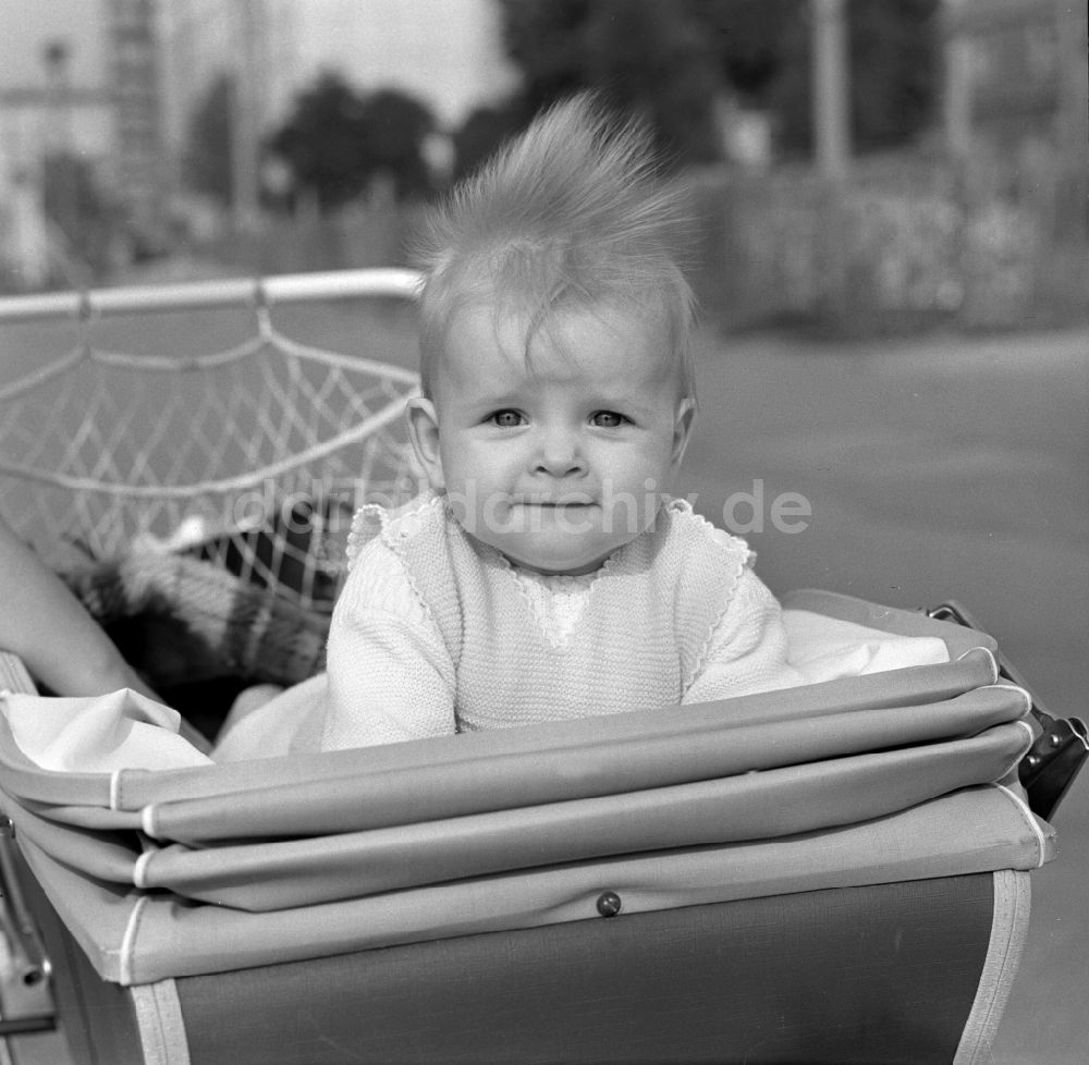 DDR-Fotoarchiv: Berlin - Mitte - Ein Baby liegt auf dem Bauch im Kinderwagen in Berlin