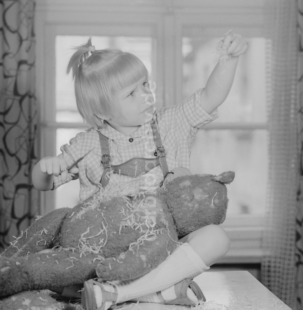 DDR-Fotoarchiv: Berlin - Ein Kind zerschneidet einen Teddybären in Berlin, der ehemaligen Hauptstadt der DDR, Deutsche Demokratische Republik