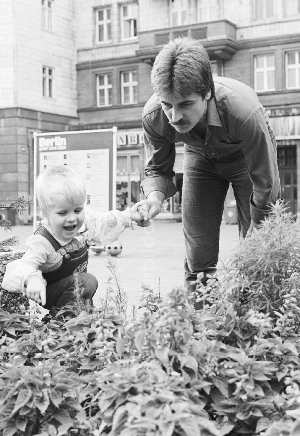 DDR-Fotoarchiv: Berlin - Ein Vater steht mit seinem Kind vor einem Blumenbeet in Berlin, der ehemaligen Hauptstadt der DDR, Deutsche Demokratische Republik