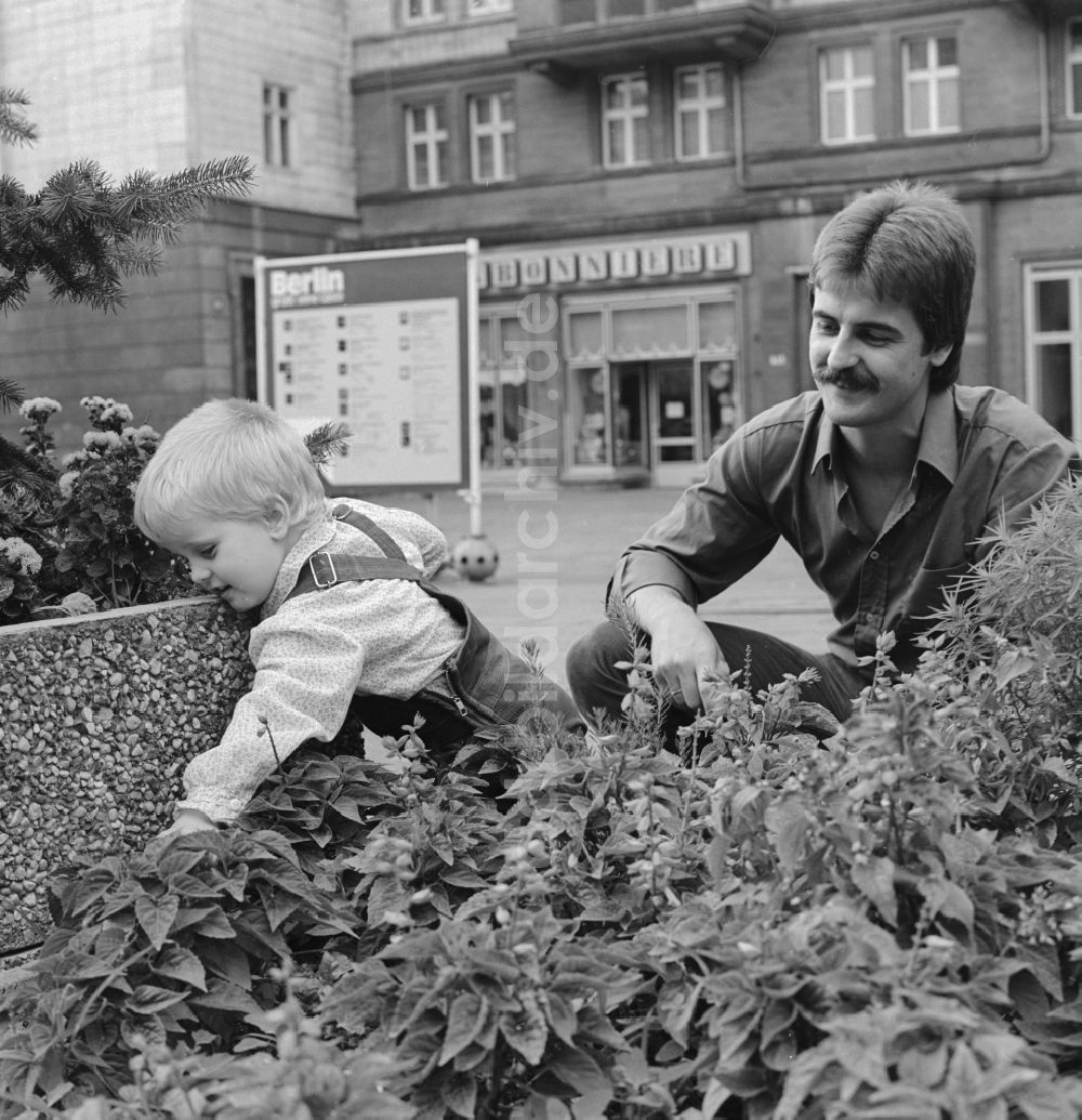 DDR-Bildarchiv: Berlin - Ein Vater steht mit seinem Kind vor einem Blumenbeet in Berlin, der ehemaligen Hauptstadt der DDR, Deutsche Demokratische Republik