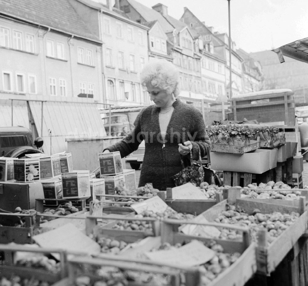 DDR-Bildarchiv: Arnstadt - Eine Frau kauft Blumenzwiebel auf dem Wochenmarkt in Arnstadt in Thüringen in der DDR