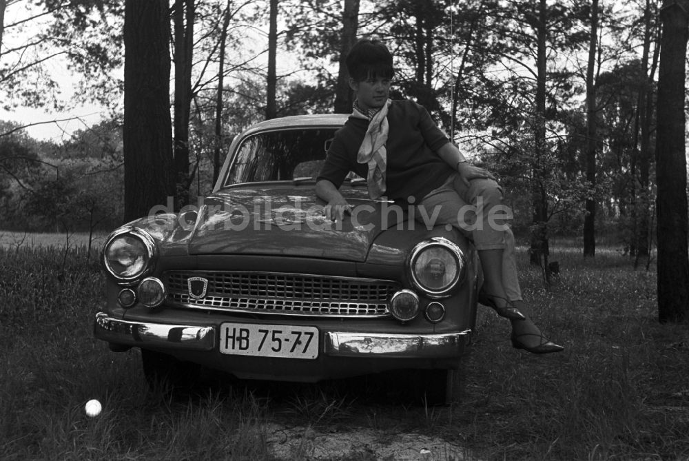 DDR-Fotoarchiv: Malge - Eine Frau sitz auf einem Wartburg 311 des Automobilwerks Eisenach in Malge in Brandenburg