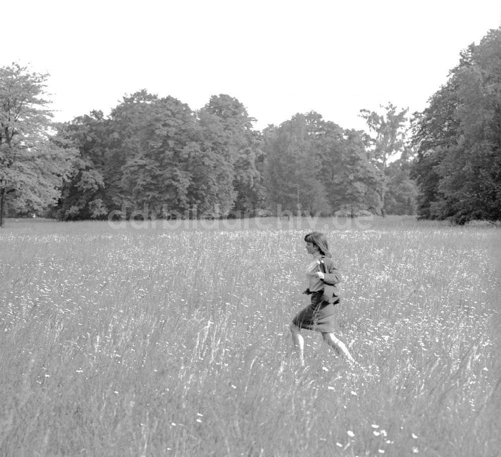 DDR-Fotoarchiv: Potsdam - Eine junge Frau rennt über eine Wiese in Potsdam in Brandenburg in der DDR