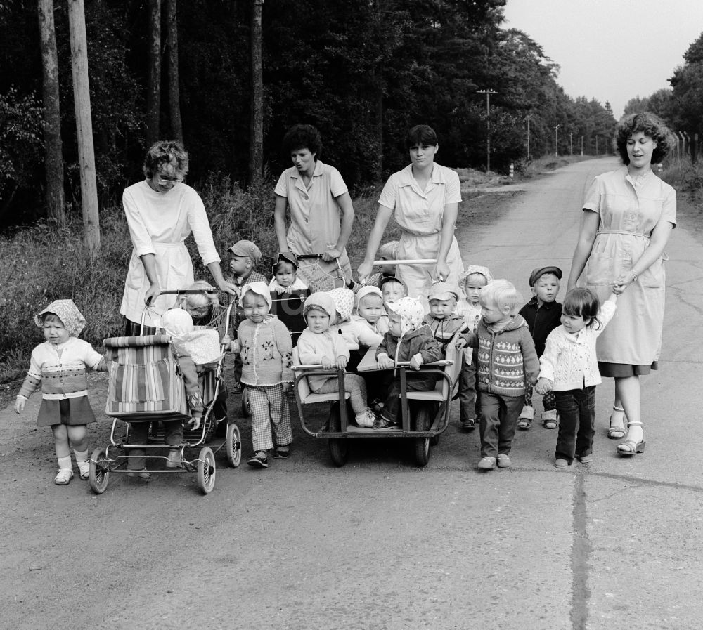 Prora: Erzieherinnen gehen mit einer Gruppe Kindergarten Kindern spazieren in Prora im Bundesland Mecklenburg-Vorpommern auf dem Gebiet der ehemaligen DDR, Deutsche Demokratische Republik