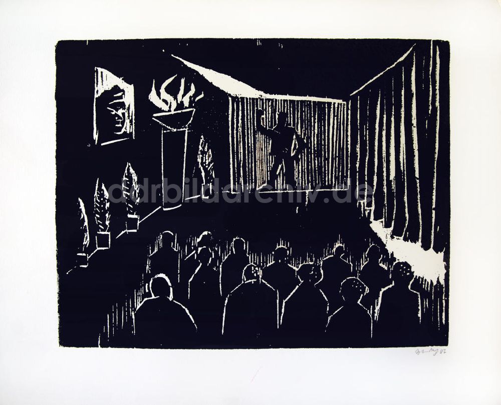 Berlin: Grafik von Herbert Sandberg Die illegale Thälmannfeier in Buchenwald aus dem Jahr 1987