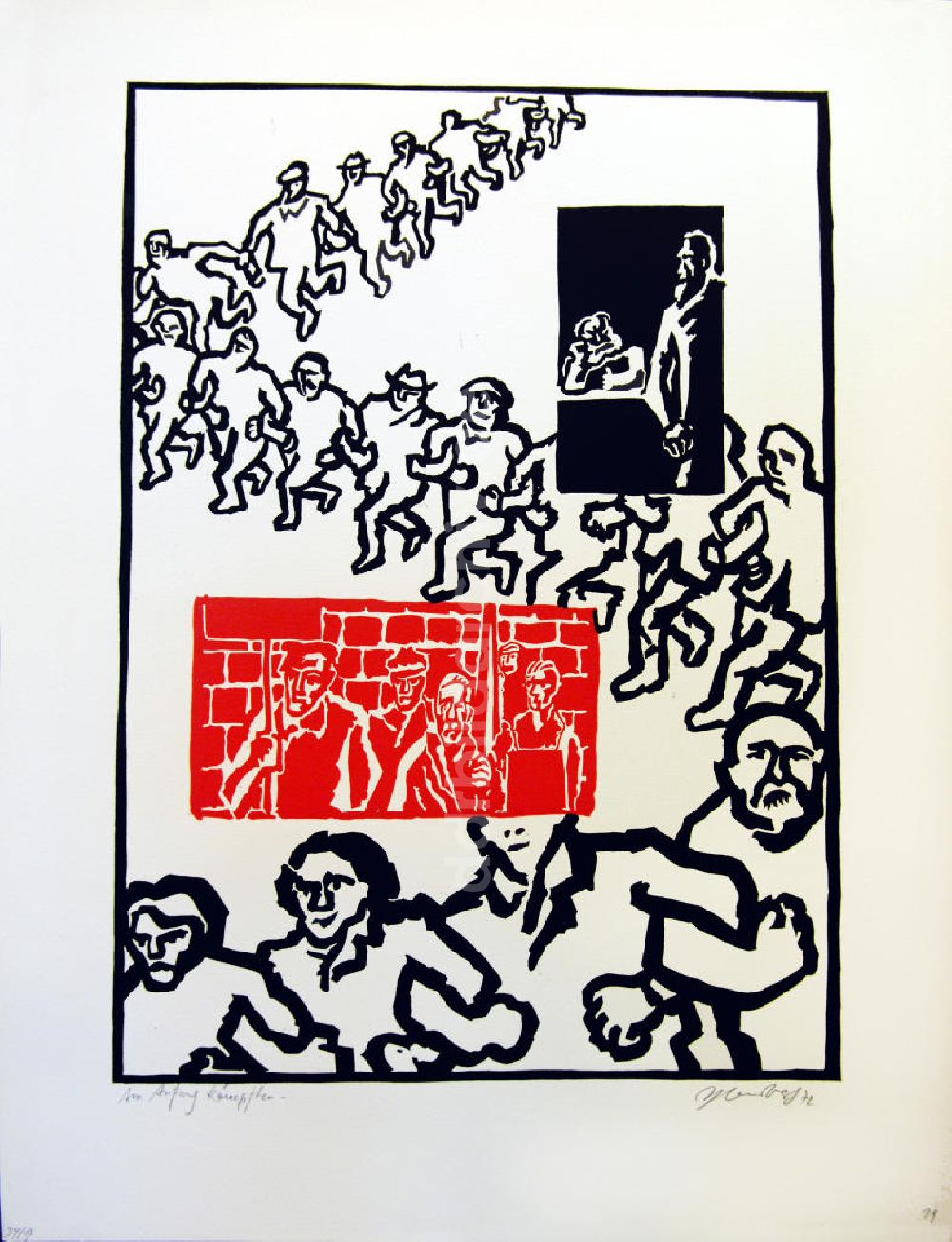 Berlin: Grafik von Herbert Sandberg Motiv 15 aus dem Zyklus Bilder zum Kommunistischen Manifest aus dem Jahr 1972