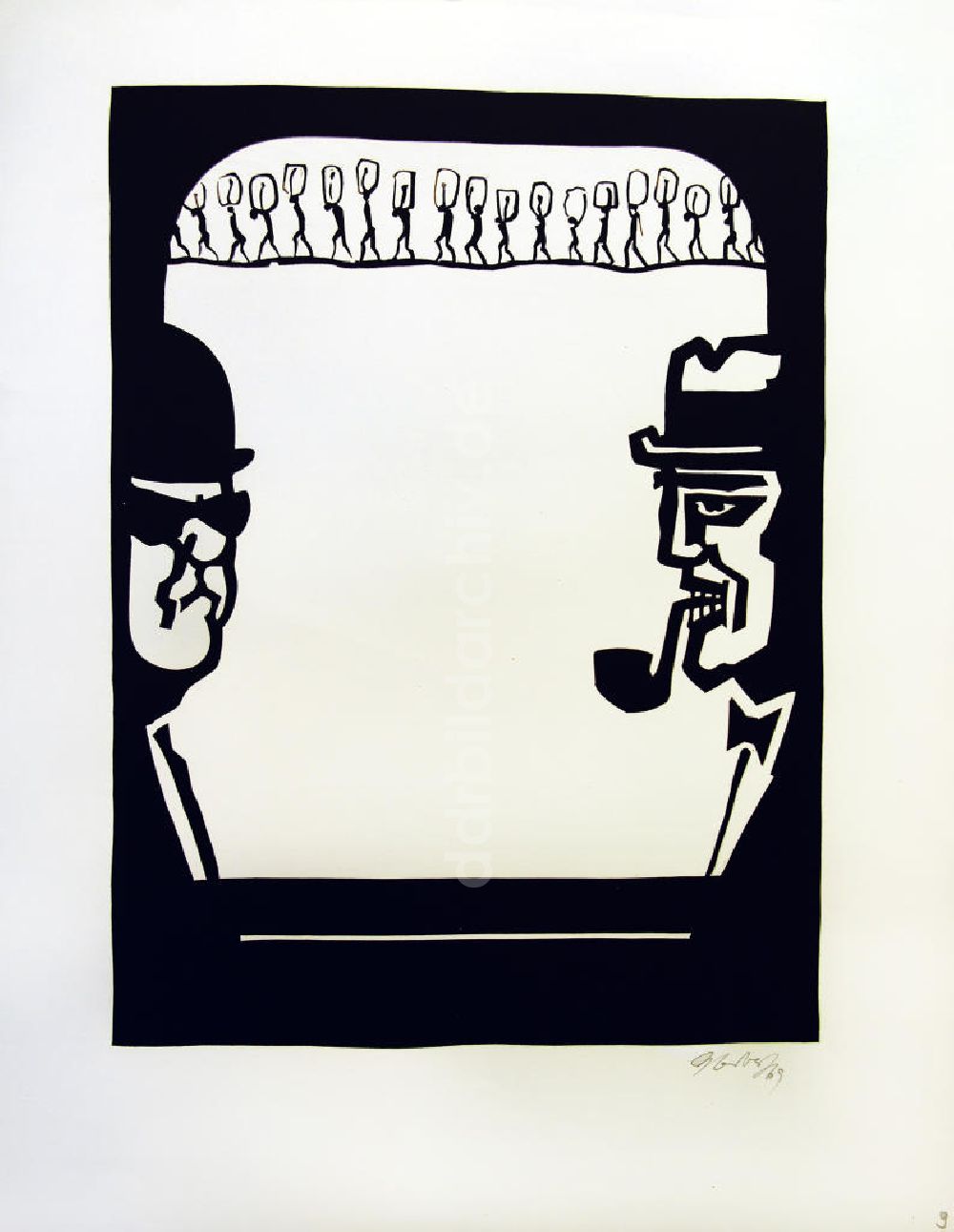 Berlin: Grafik von Herbert Sandberg Motiv 10 aus dem Zyklus Bilder zum Kommunistischen Manifest aus dem Jahr 1969