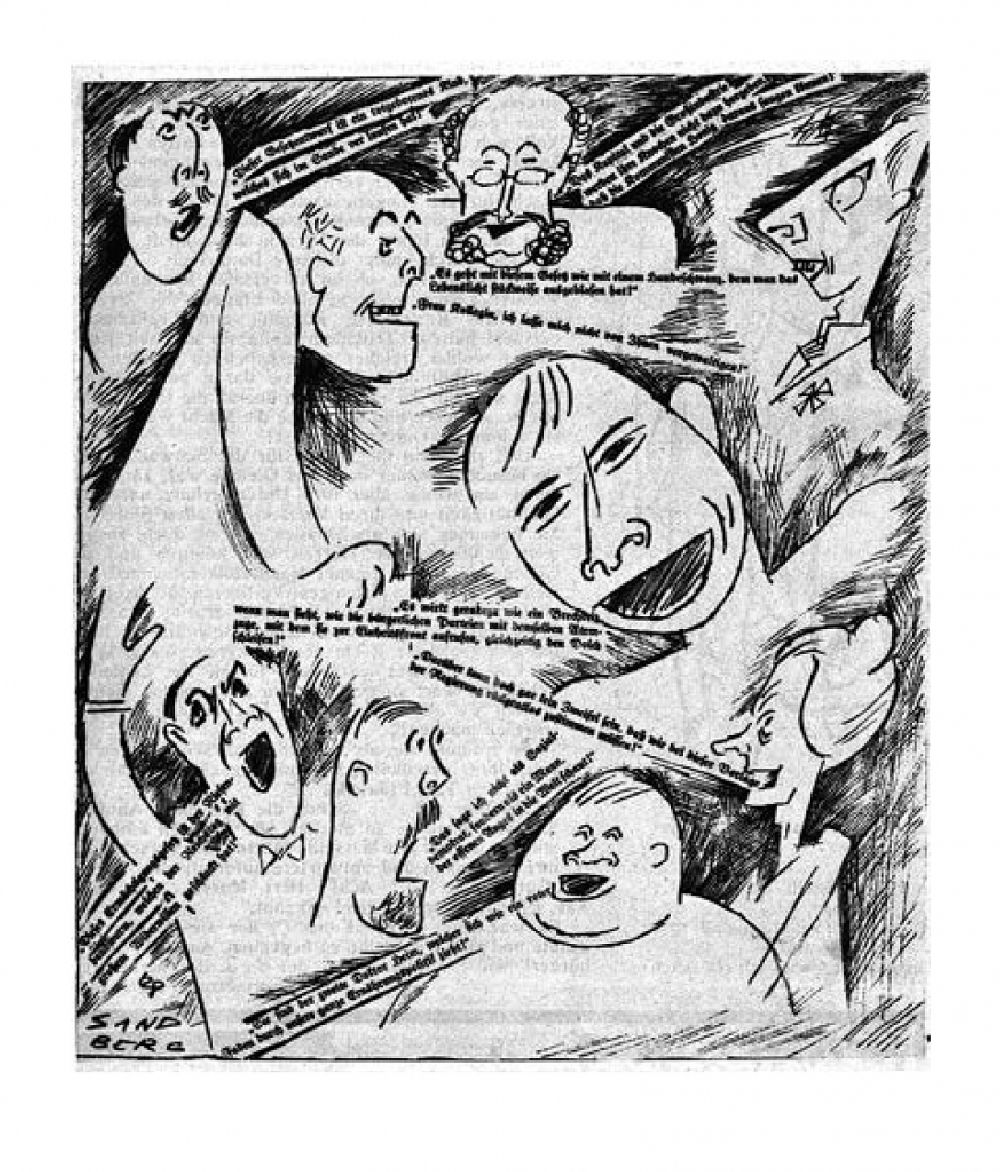 DDR-Fotoarchiv: Berlin - Grafik Wenn der Reichstag in Betrieb kommt, melden sich die Zwischenrufer von Herbert Sandberg in der Arbeiter-Illustrierten Zeitung Berlin 1928