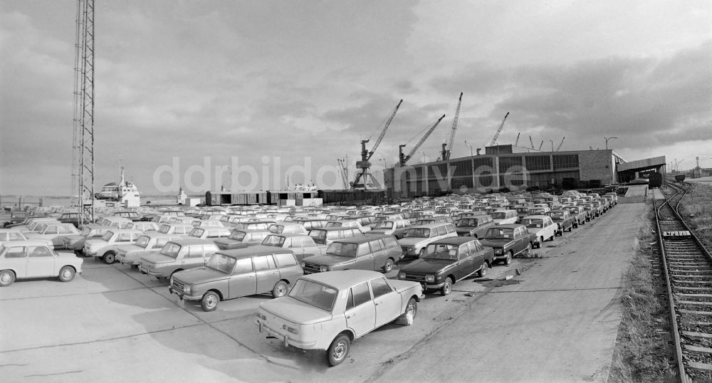 DDR-Fotoarchiv: Rostock - Im Hafen abgestellte Kraftfahrzeuge - PKW Wartburg 353 in Rostock in Mecklenburg-Vorpommern in der DDR