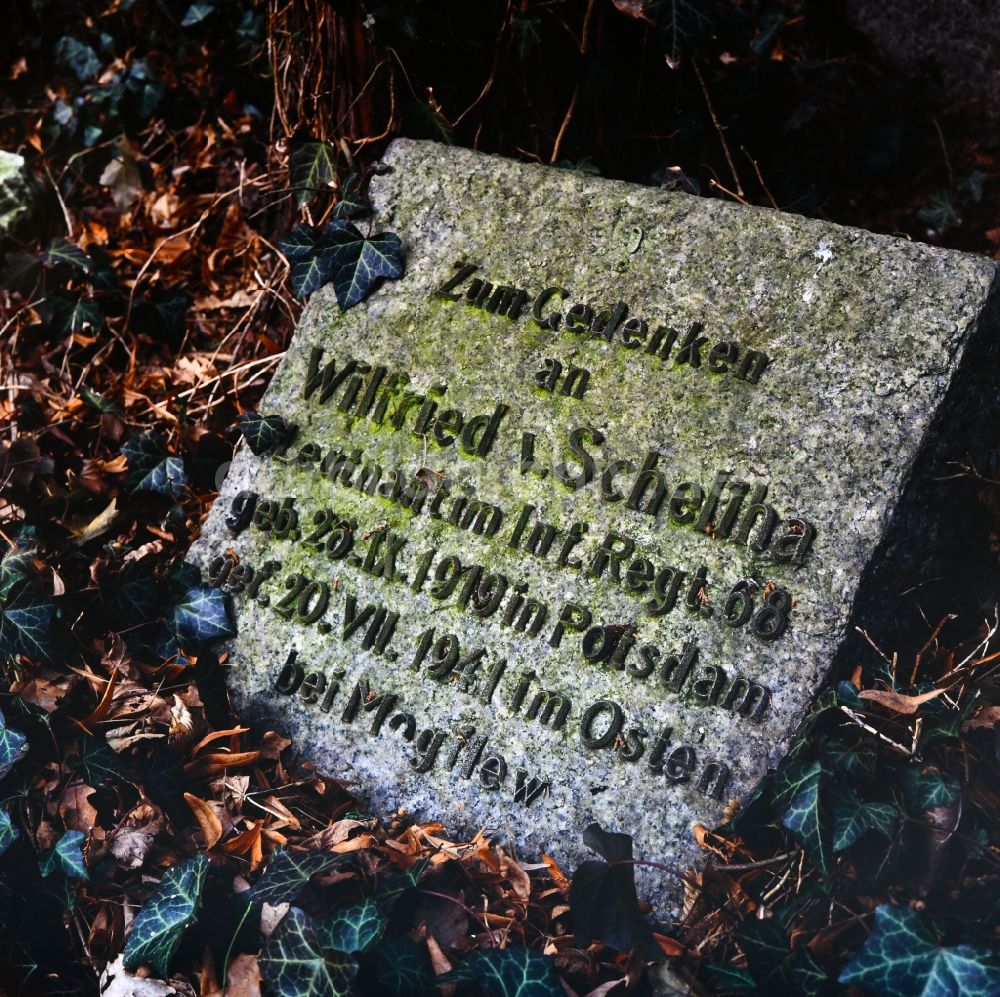 Potsdam: Inschrift eines militärhistorischen Grabsteins zum Gedenken an Leutnant Wilfried von Scheliha im Ortsteil Bornstedt in Potsdam in Brandenburg in der DDR