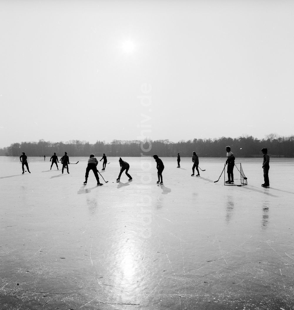 Zossen: Jugendliche spielen Eishockey auf dem zugefrorenen Motzener See in Zossen in Brandenburg in der DDR