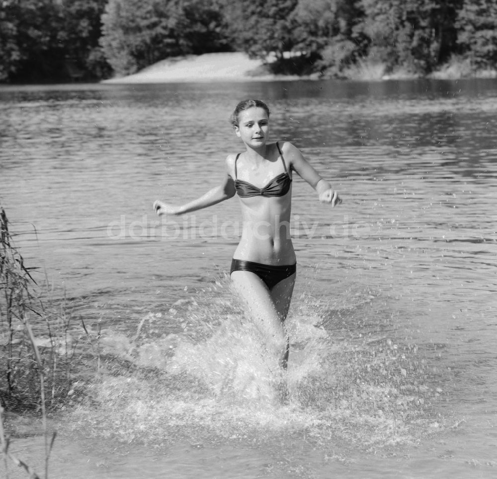 DDR-Fotoarchiv: Grünheide (Mark) - Junge Frau bekleidet mit einem Bikini in einem See in Grünheide (Mark) in Brandenburg in der DDR