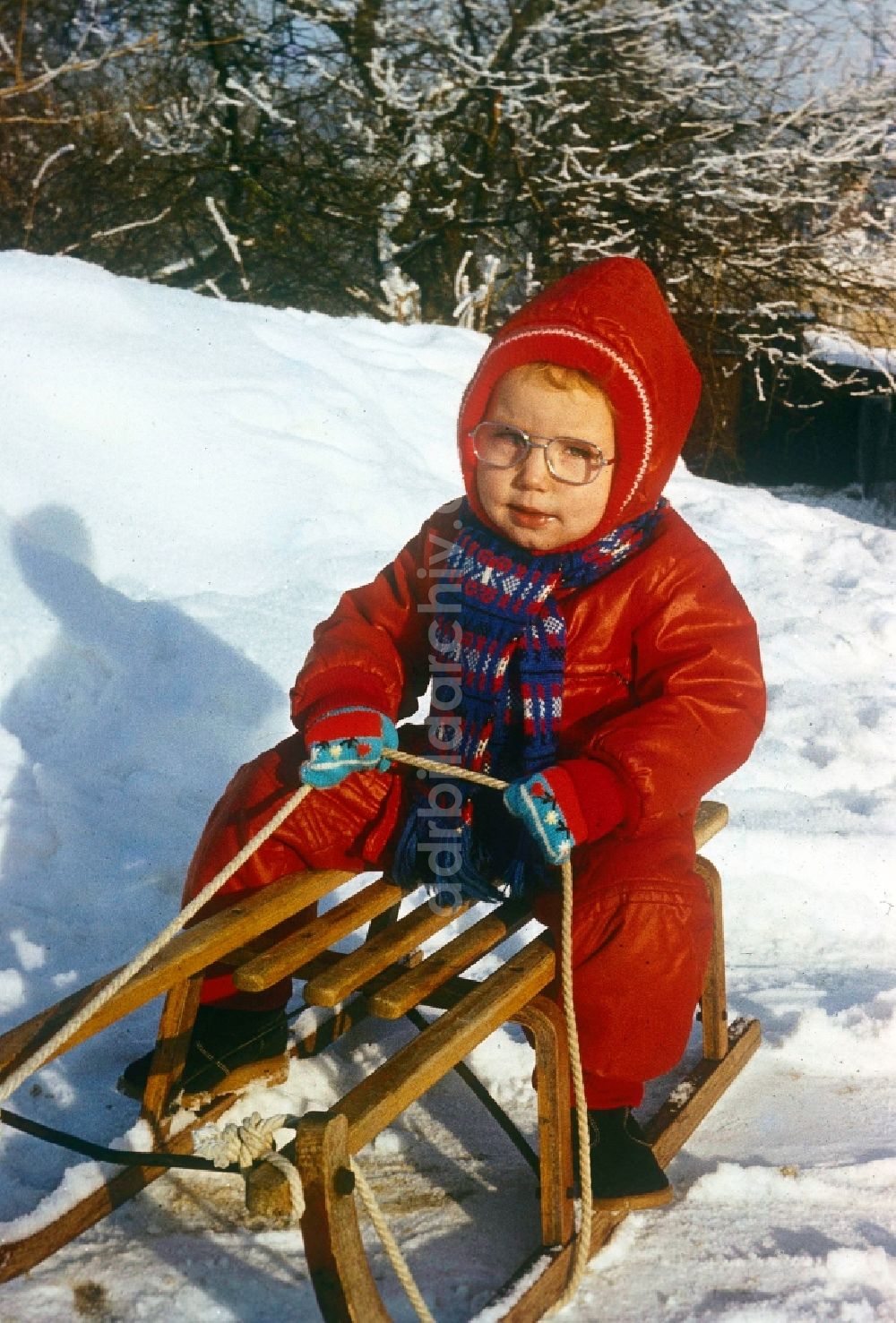 DDR-Fotoarchiv: Neustrelitz - Kleines Kind auf einem Schlitten im Schnee in Neustrelitz in Mecklenburg-Vorpommern in der DDR
