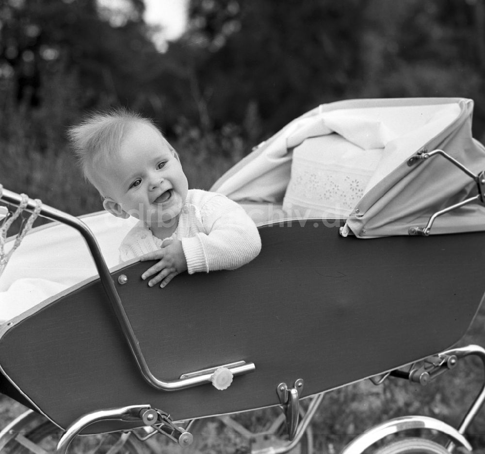 DDR-Bildarchiv: Magdeburg - Kleines Kind sitzt in einem Kinderwagen und lacht in Magdeburg 