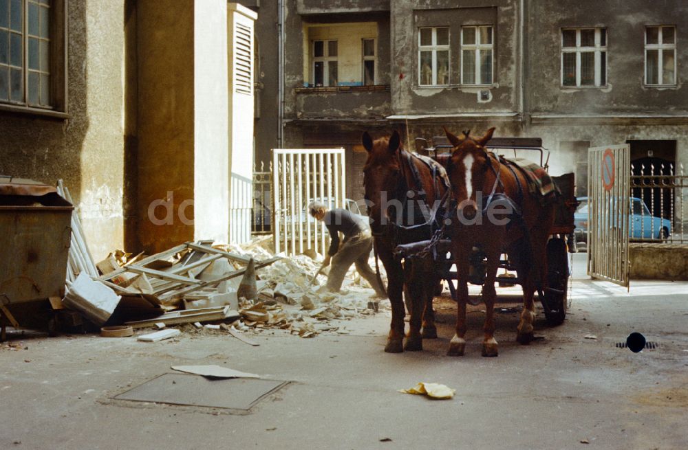 DDR-Bildarchiv: Berlin - Mann beseitigt Schutt in einer Hauseinfahrt mit einem Pferdewagen in Berlin in der DDR