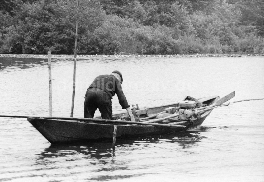 DDR-Fotoarchiv: Grünheide (Mark) - Mann mit Boot beim angeln auf dem Störitzsee in Grünheide (Mark) in Brandenburg in der DDR
