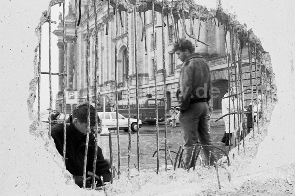DDR-Fotoarchiv: Berlin-Mitte Berlin-Tiergarten - Mauerspechte bei der Souvenirjagd am Grenzstreifen hinter dem Brandenburger Tor vor dem Reichstag - Berlin 1990