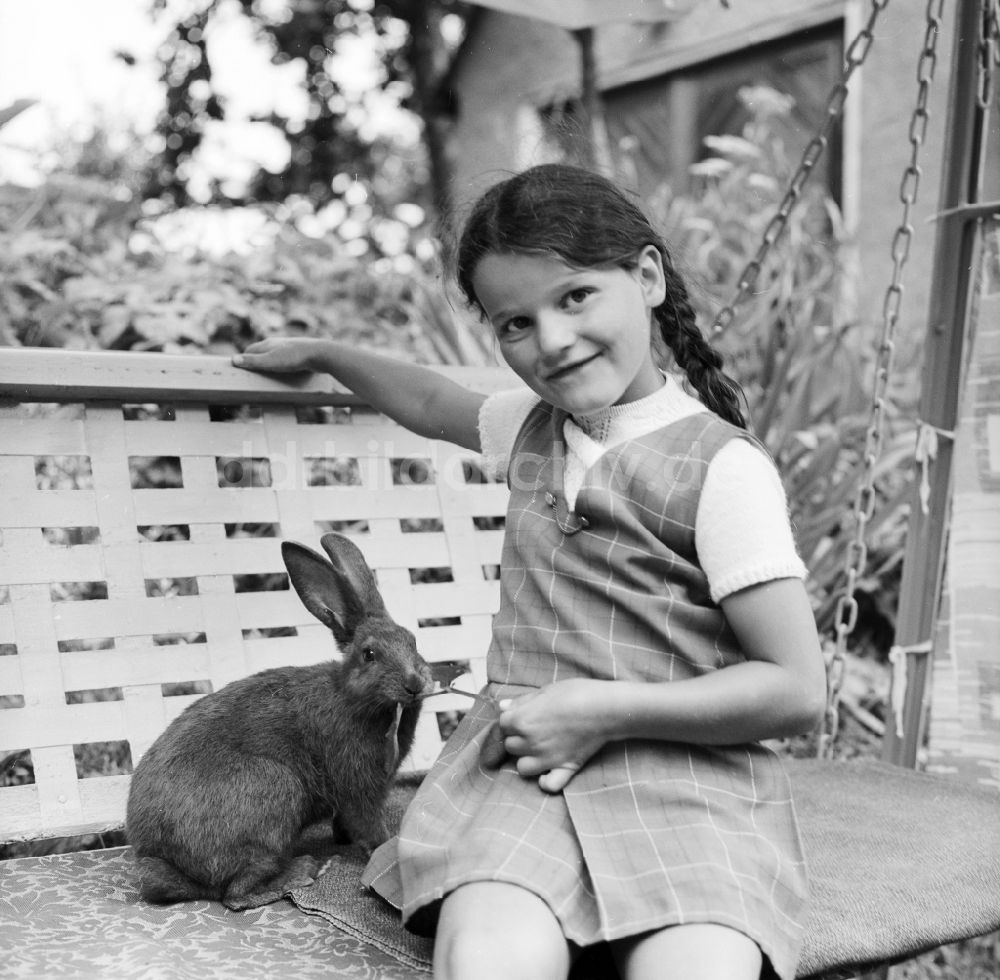 Scheibenberg: Mädchen sitzt mit einem Kaninchen auf einer Gartenschaukel in Scheibenberg in Sachsen in der DDR