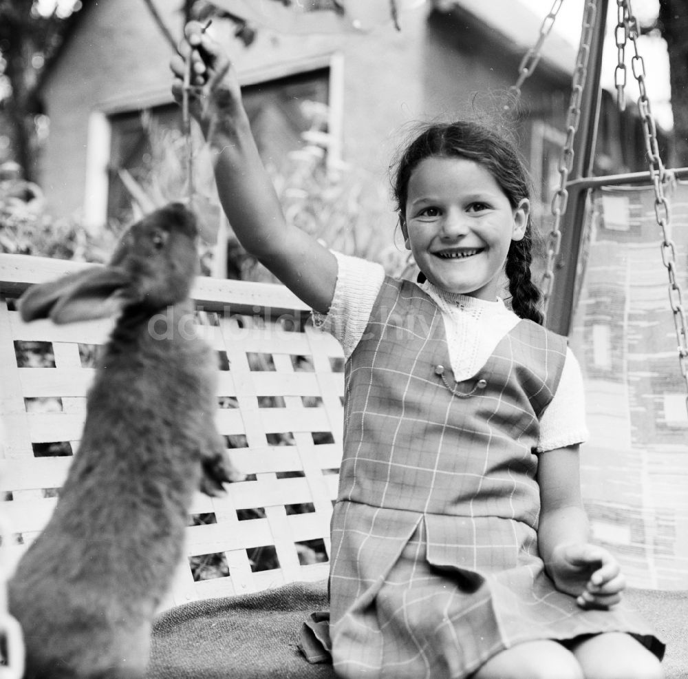 DDR-Fotoarchiv: Scheibenberg - Mädchen sitzt mit einem Kaninchen auf einer Gartenschaukel in Scheibenberg in Sachsen in der DDR