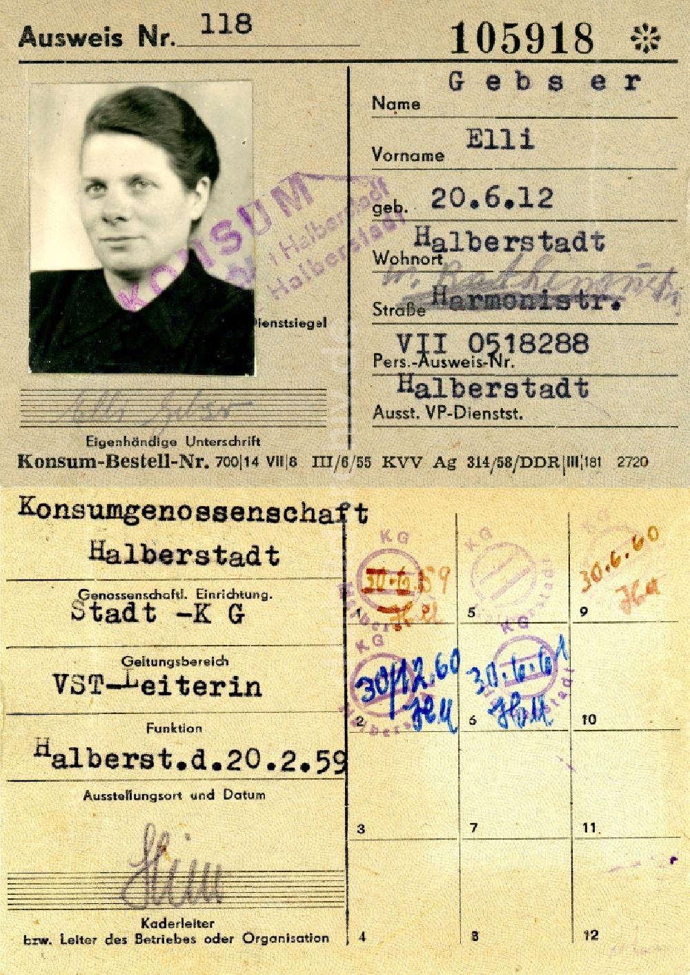 Halberstadt: Mitgliedsausweis der Konsumgenossenschaft ausgestellt in Halberstadt in Sachsen-Anhalt in der DDR
