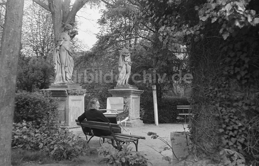 Neuruppin: Parkanlage Tempelgarten mit auf einer Parkbank sitzenden Frau in Neuruppin in der DDR