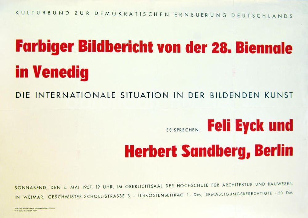 DDR-Fotoarchiv: Berlin - Plakat von der Ausstellung Farbiger Bildbericht von der 28. Biennale in Venedig mit Herbert Sandberg aus dem Jahr 1957