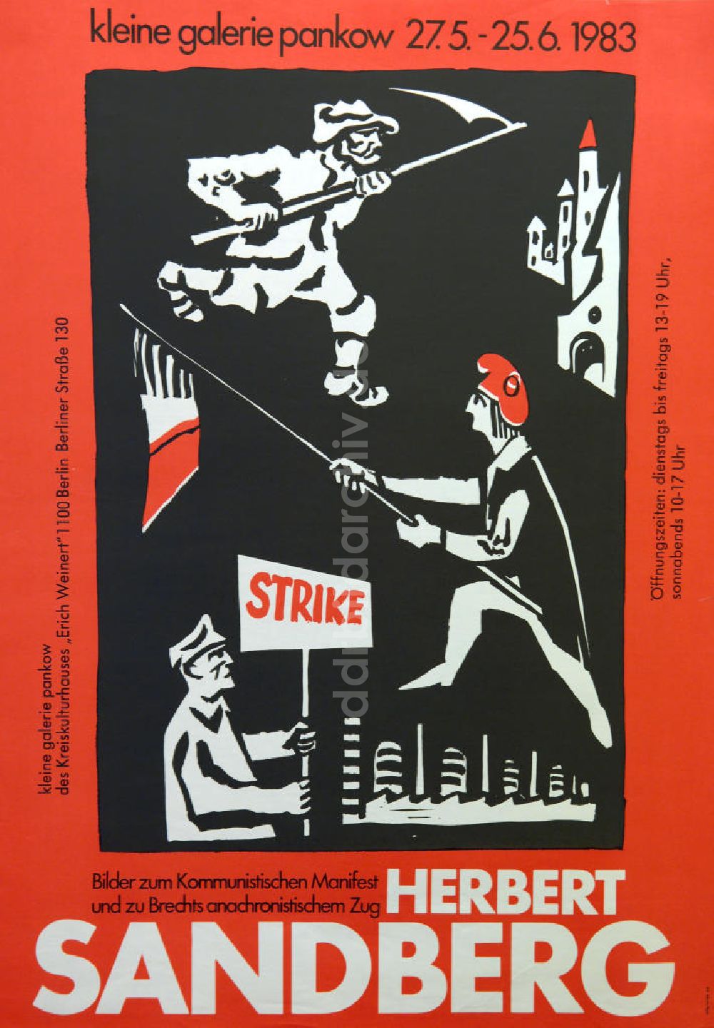DDR-Bildarchiv: Berlin - Plakat von der Ausstellung Herbert Sandberg, Bilder zum kommunistischen Manifest und zu Brechts anachronistischen Zug aus dem Jahr 1983