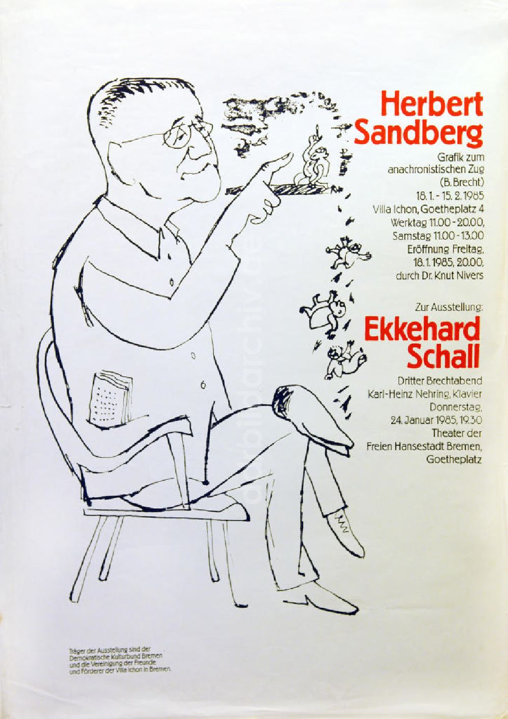 DDR-Fotoarchiv: Berlin - Plakat von der Ausstellung Herbert Sandberg, Grafik zum anachronistischen Zug (B. Brecht) aus dem Jahr 1985