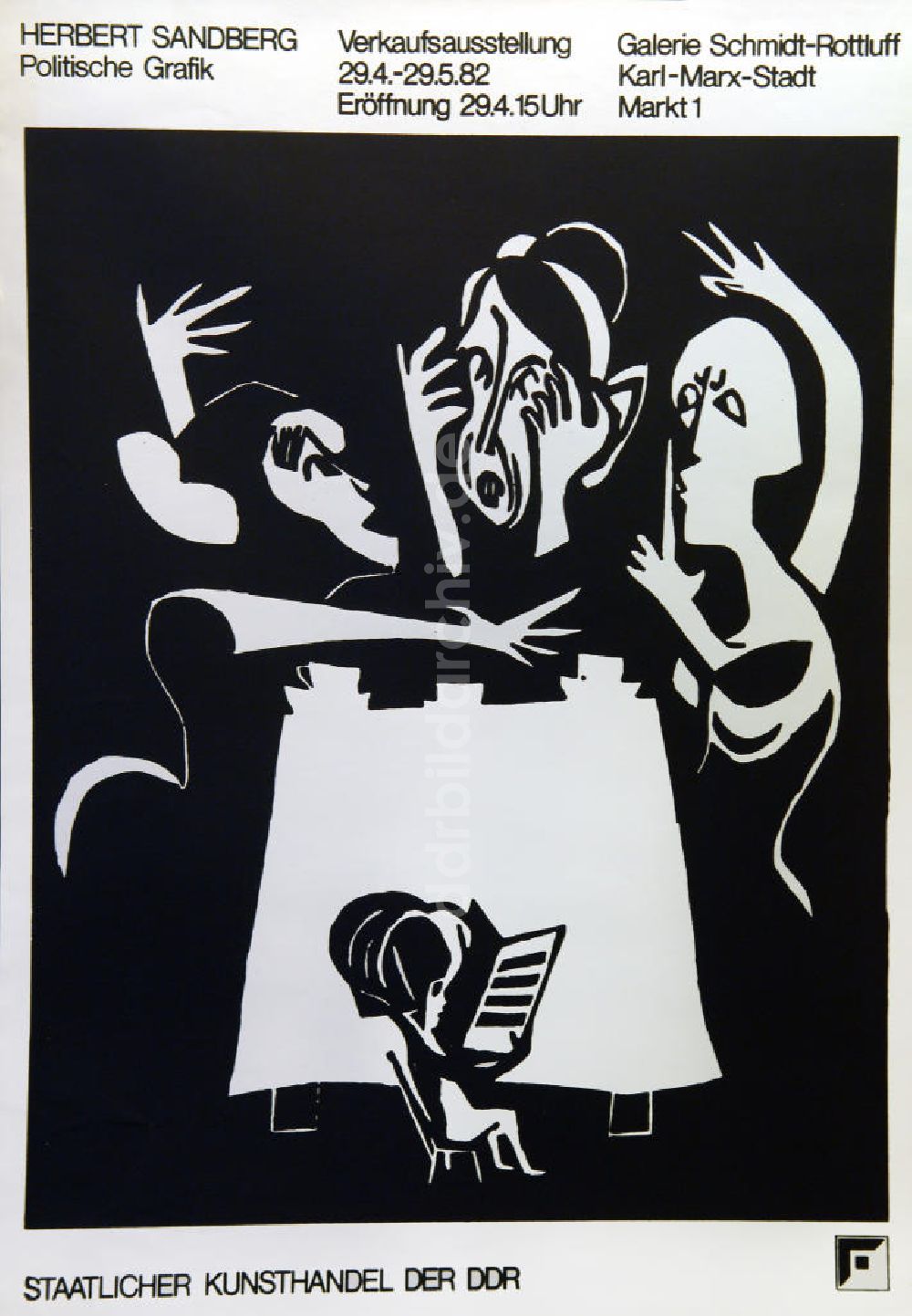 Berlin: Plakat von der Ausstellung Herbert Sandberg, politische Grafik aus dem Jahr 1982