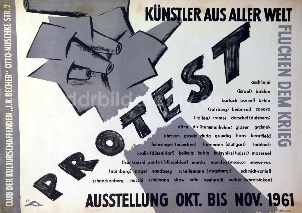 DDR-Bildarchiv: Berlin - Plakat von der Ausstellung Künstler aus aller Welt fluchen dem Krieg über Herbert Sandberg aus dem Jahr 1961