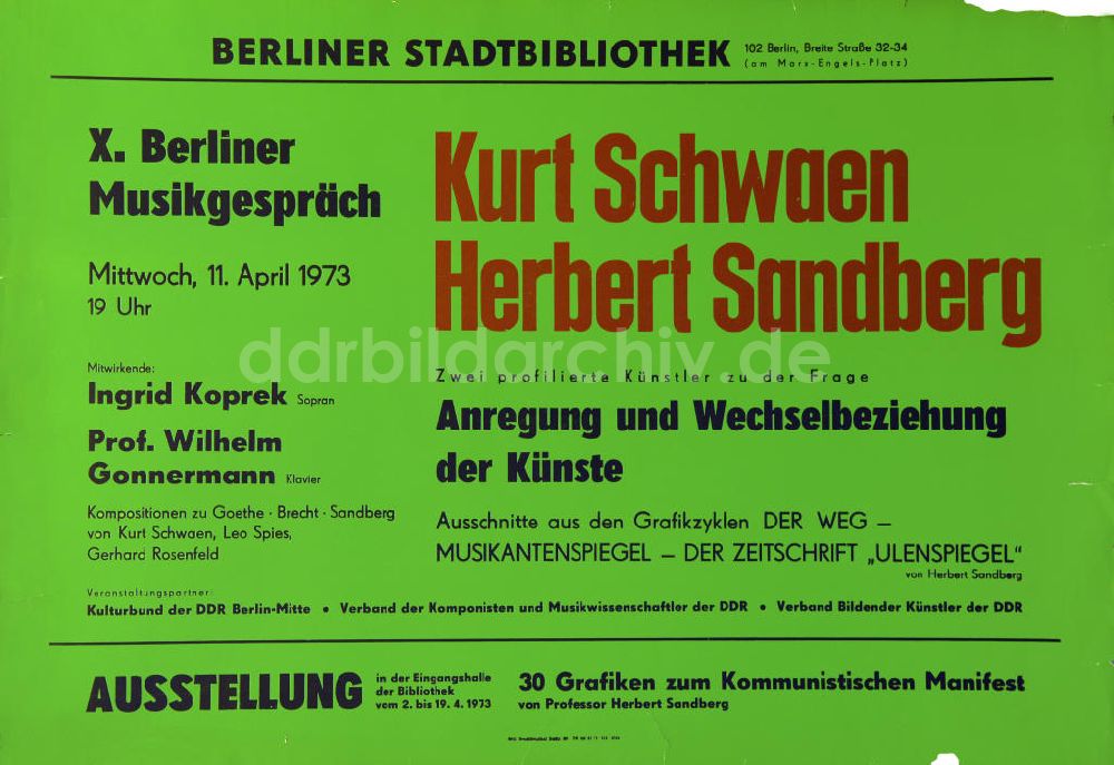 DDR-Bildarchiv: Berlin - Plakat von der Ausstellung Kurt Schwaen, Herbert Sandberg zu 'Anregungen und Wechselbeziehungen der Künste' aus dem Jahr 1973