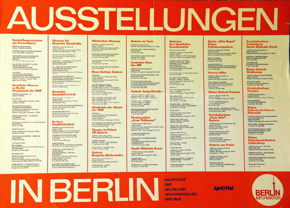 DDR-Bildarchiv: Berlin - Plakat von Ausstellungen in Berlin April/Mai 1985,u.a. über Herbert Sandberg