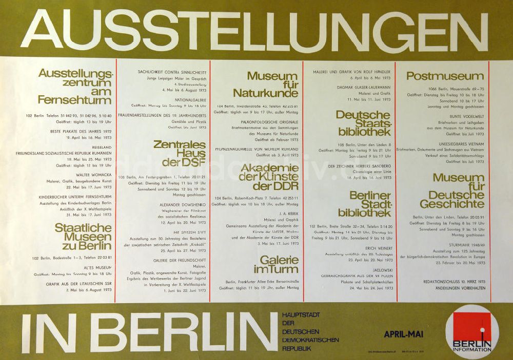 Berlin: Plakat von Ausstellungen in Berlin April/Mai 1973, u.a. über Herbert Sandberg