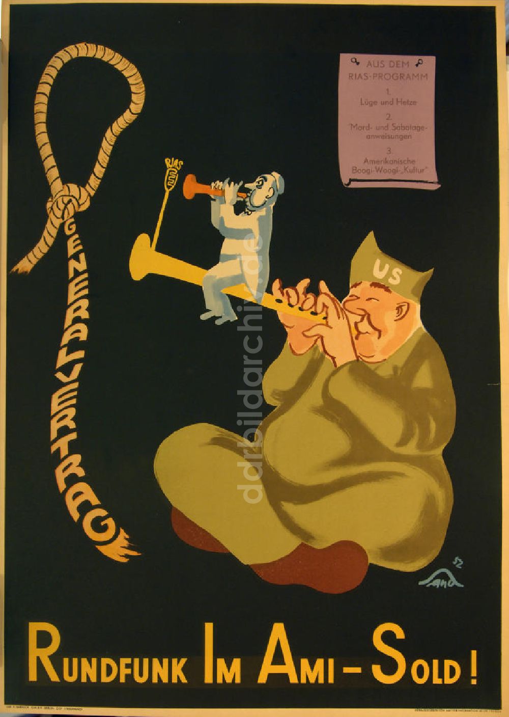 DDR-Bildarchiv: Berlin - Plakat von Herbert Sandberg RIAS - Rundfunk im Ami-Sold aus dem Jahr 1952