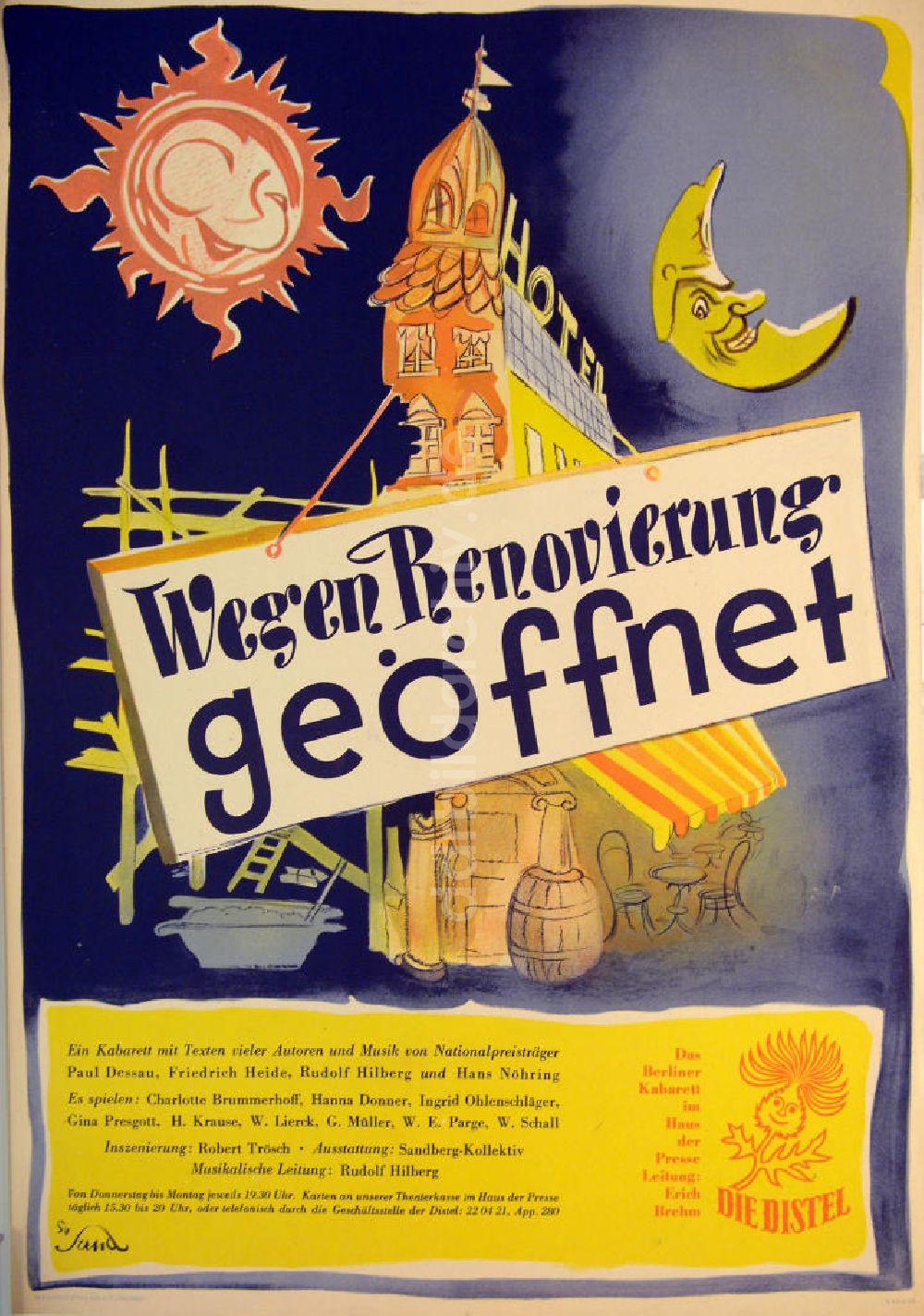 DDR-Bildarchiv: Berlin - Plakat von Herbert Sandberg Wegen Renovierung geöffnet aus dem Jahr 1954