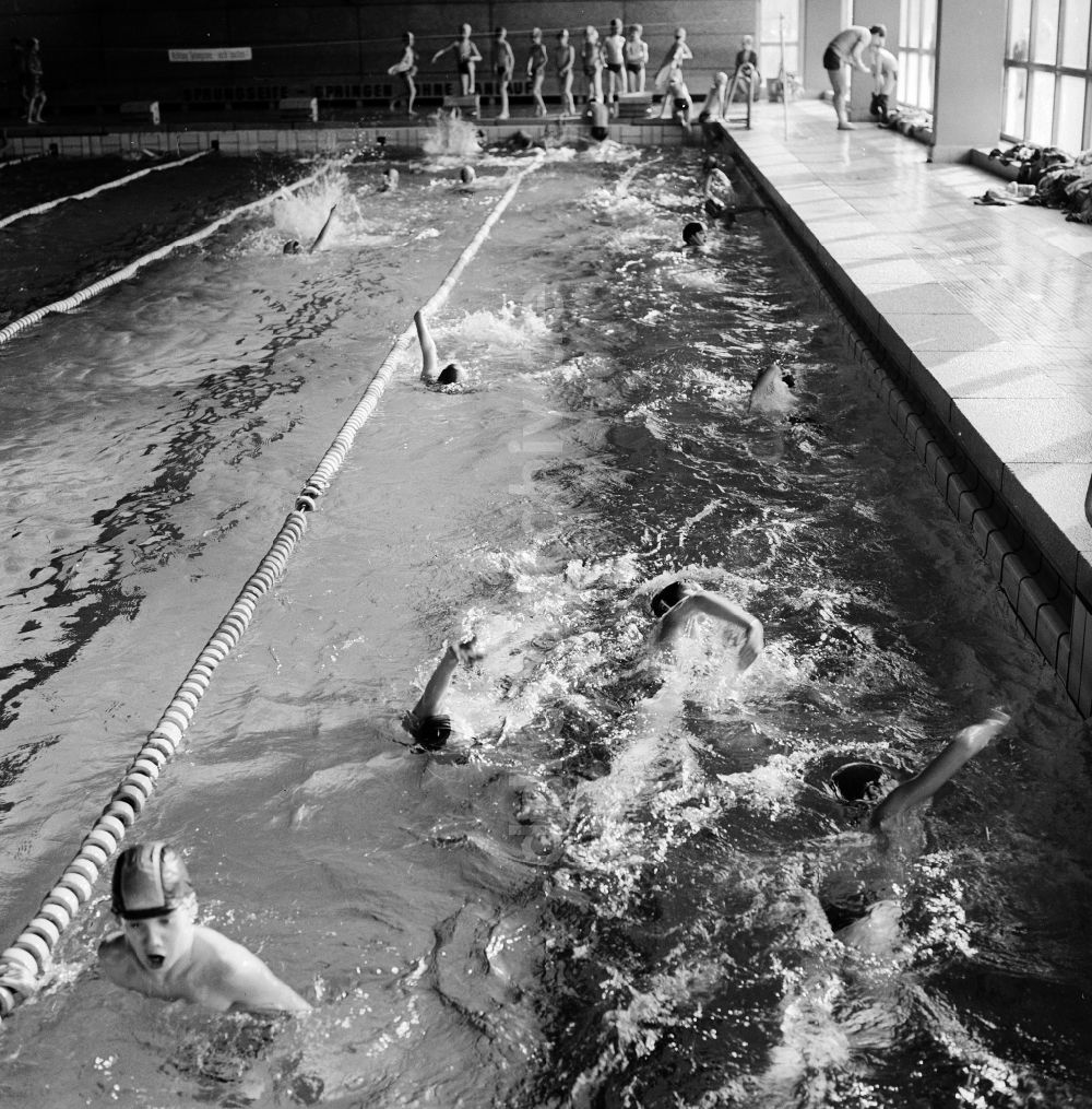 Berlin: Schwimmwettkampf in der Schwimmhalle in Berlin, der ehemaligen Hauptstadt der DDR, Deutsche Demokratische Republik