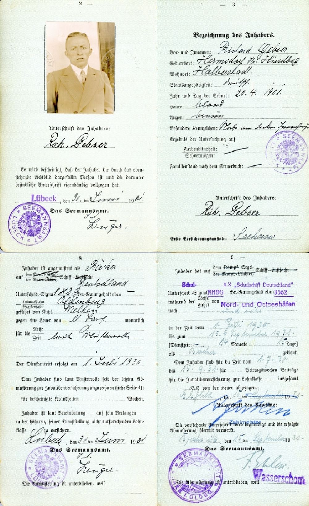 Lübeck: Seefahrtsbuch für Richard Gebser ausgestellt in Lübeck in Schleswig-Holstein in Deutschland