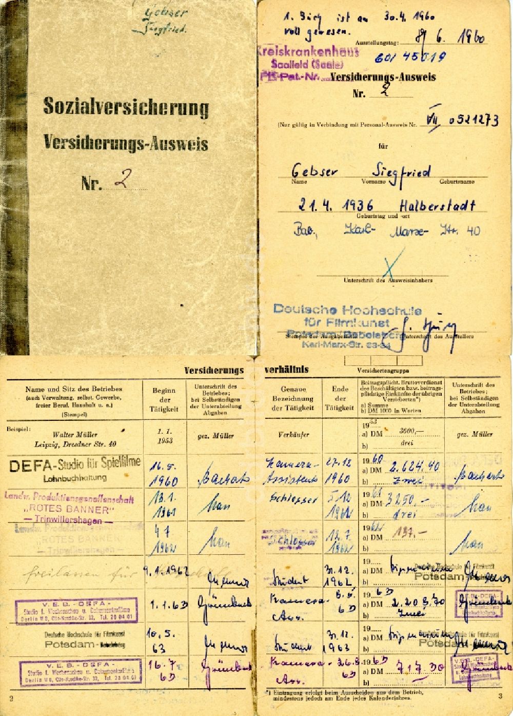 DDR-Fotoarchiv: Potsdam - Sozialversicherungs- Ausweis ausgestellt in Potsdam in Brandenburg in der DDR