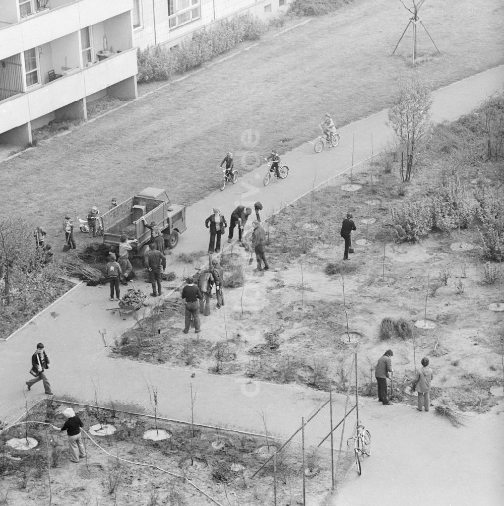 DDR-Fotoarchiv: Berlin - Subbotnik, freiwilliger Arbeitseinsatz im Innenhof in einem Neubaugebiet in Berlin, der ehemaligen Hauptstadt der DDR, Deutsche Demokratische Republik