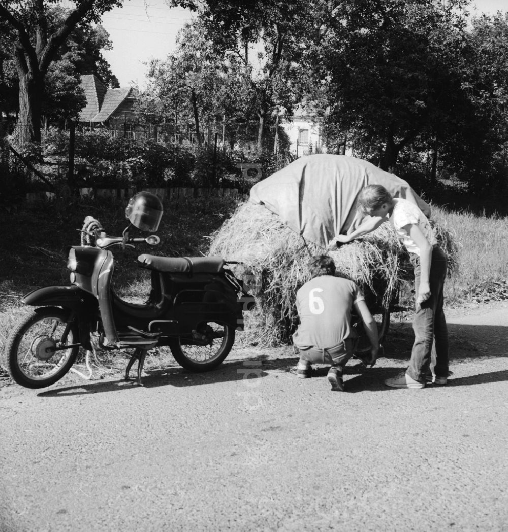 DDR-Bildarchiv: Schwerin - Vater mit Sohn und ein Motorrad der Marke Simson Schwalbe mit Anhänger in Schwerin in Mecklenburg-Vorpommern in der DDR