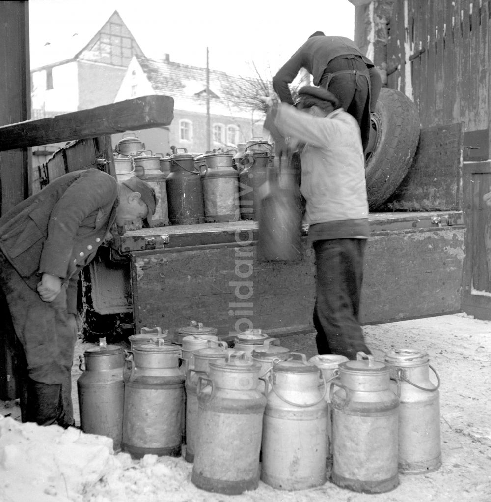 Fienstedt: Warenanlieferung von Trinkmilch in Milchkannen aus Aluminium von einem LKW Lastkraftwagwen in Fienstedt in Sachsen-Anhalt auf dem Gebiet der ehemaligen DDR