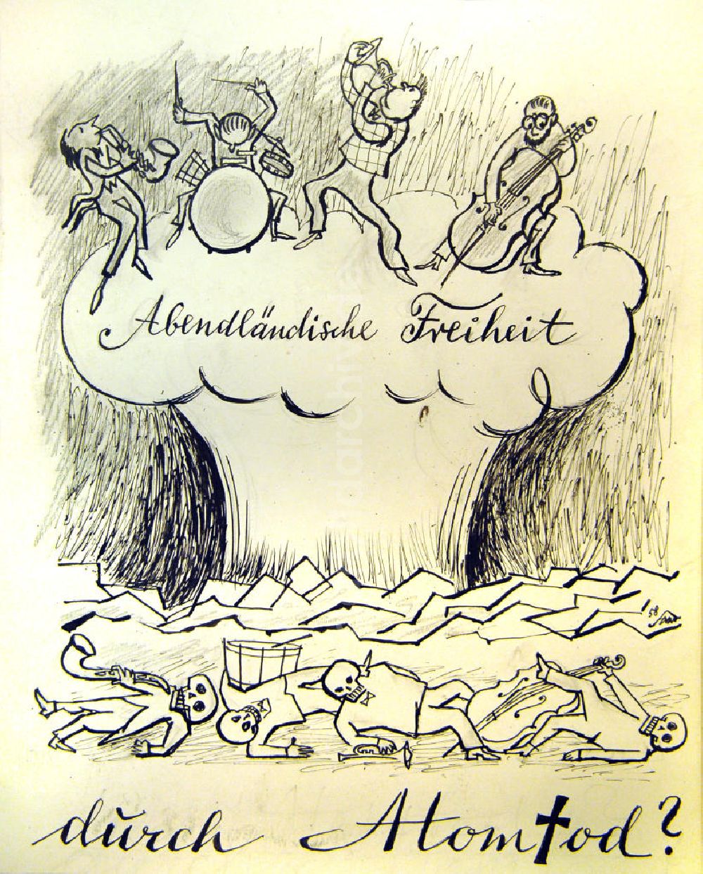 DDR-Bildarchiv: Berlin - Zeichnung von Herbert Sandberg Abendländische Freiheit durch Atomtod? aus dem Jahr 1958