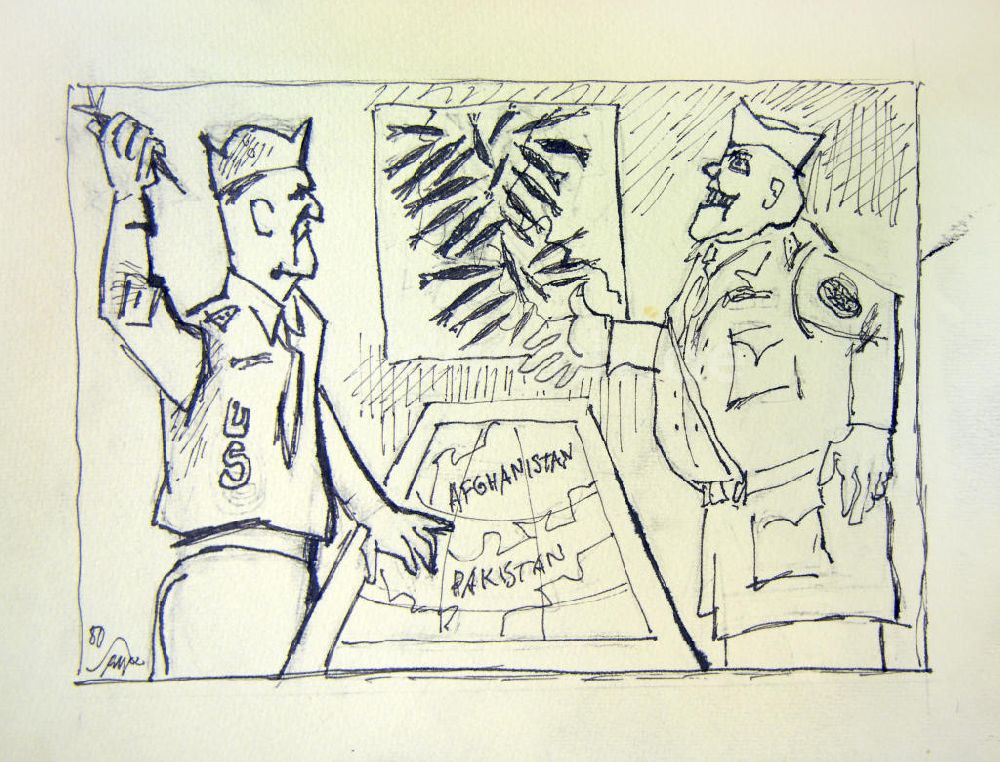 Berlin: Zeichnung von Herbert Sandberg Afghanistan/Pakistan aus dem Jahr 1980