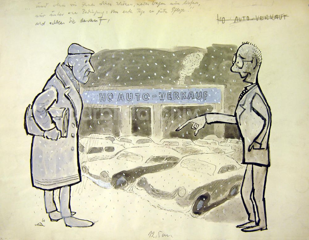 Berlin: Zeichnung von Herbert Sandberg HO Autoverkauf aus dem Jahr 1960