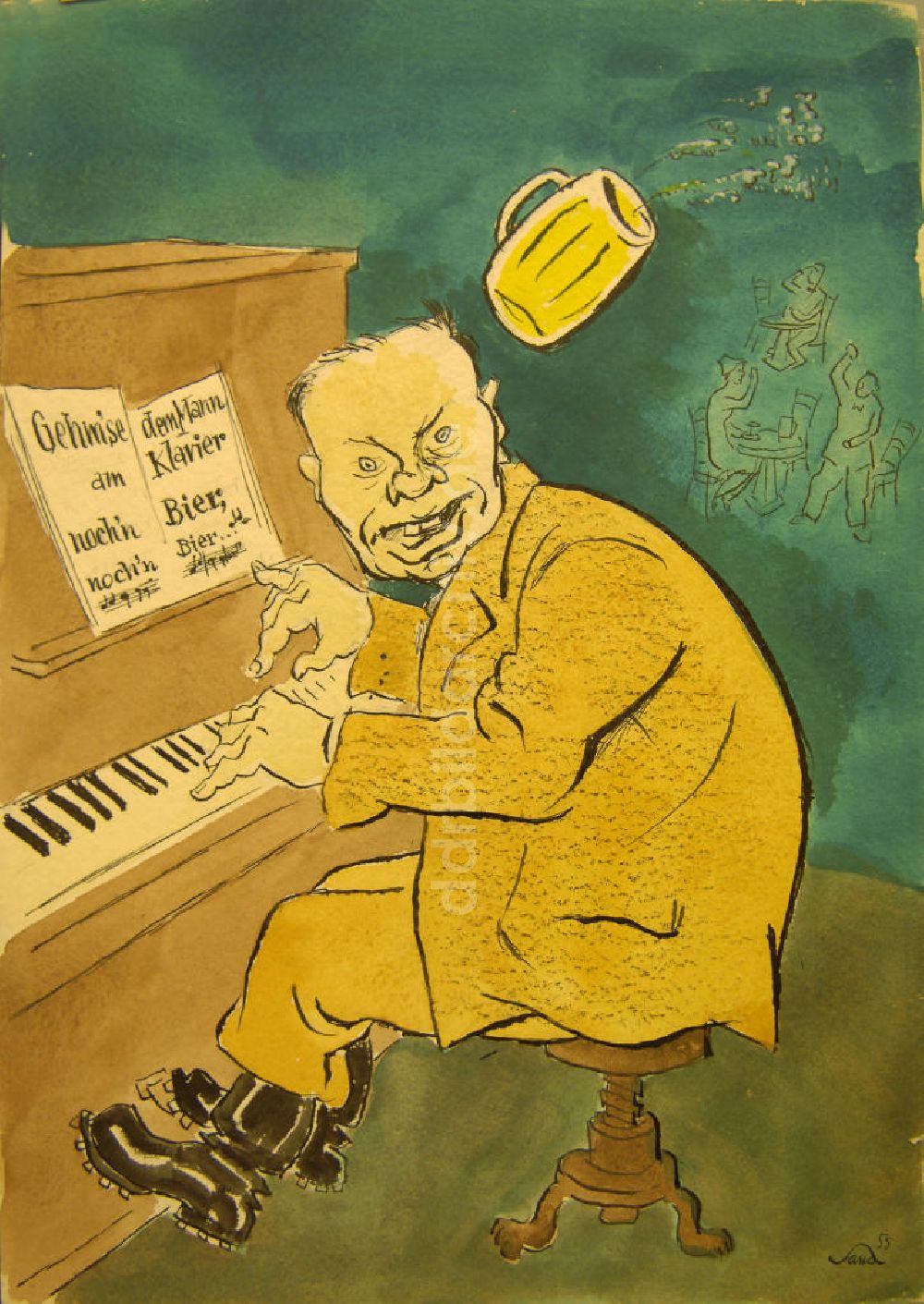 DDR-Bildarchiv: Berlin - Zeichnung von Herbert Sandberg Gehm'se dem Mann am Klavier noch'n Bier, noch'n Bier... aus dem Jahr 1955
